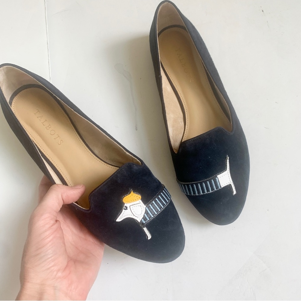 Talbots Ryan Loafers Dachshund Navy Suede Leather Novelty Print Sz 8.5 Dog